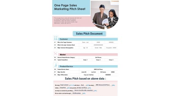 One Page Sales Marketing Pitch Sheet PDF Document PPT Template