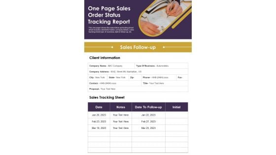 One Page Sales Order Status Tracking Report PDF Document PPT Template