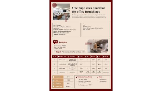 One Page Sales Quotation For Office Furnishings PDF Document PPT Template One Page Sales Quotation For Office Furnishings PDF Document PPT Template