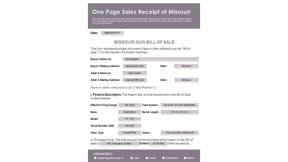 One Page Sales Receipt Of Missouri PDF Document PPT Template