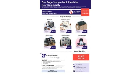 One Page Sample Fact Sheets For New Commodity PDF Document PPT Template