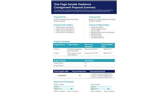 One Page Sample Freelance Consignment Proposal Summary PDF Document PPT Template One Page Sample Freelance Consignment Proposal Summary PDF Document PPT Template