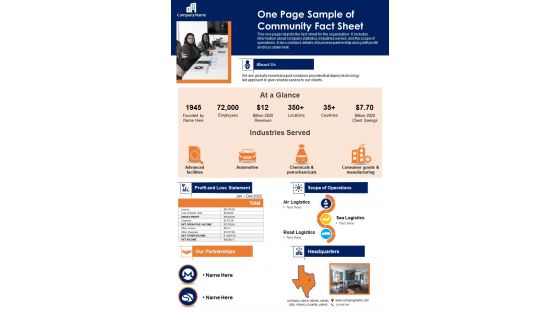 One Page Sample Of Community Fact Sheet PDF Document PPT Template