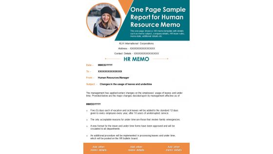 One Page Sample Report For Human Resource Memo PDF Document PPT Template