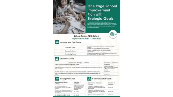 One Page School Improvement Plan With Strategic Goals PDF Document PPT Template