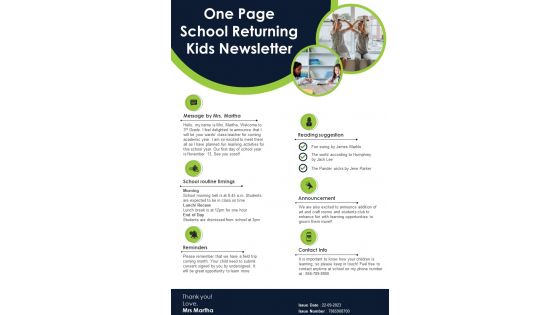 One Page School Returning Kids Newsletter PDF Document PPT Template