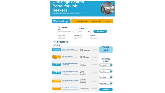 One Page Search Portal For Job Seekers PDF Document PPT Template