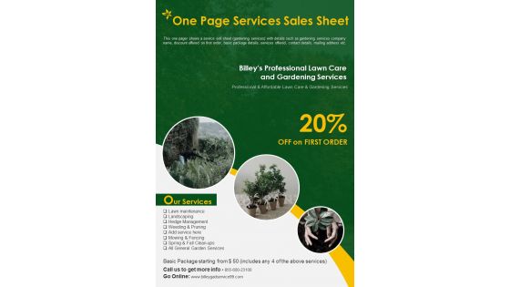 One Page Sell Sheet For Lawn Care And Gardening Services PDF Document PPT Template