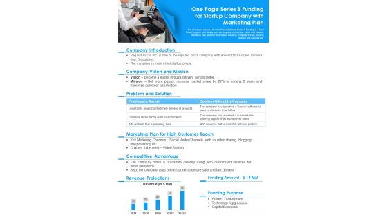 One Page Series B Funding For Startup Company With Marketing Plan PDF Document PPT Template