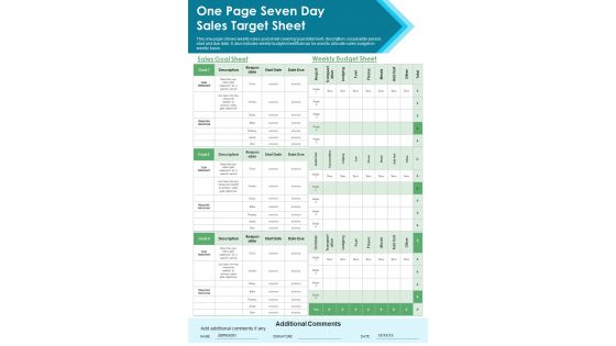 One Page Seven Day Sales Target Sheet PDF Document PPT Template