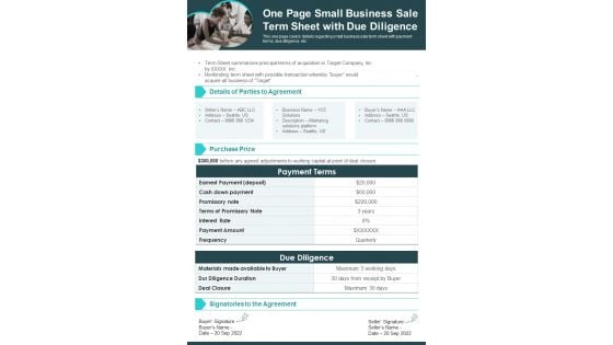 One Page Small Business Sale Term Sheet With Due Diligence PDF Document PPT Template