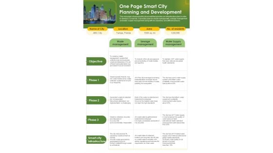 One Page Smart City Planning And Development PDF Document PPT Template