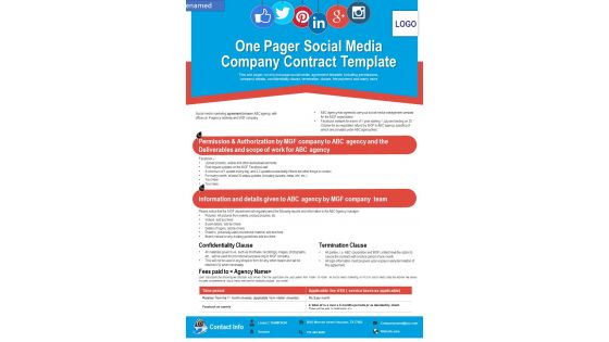 One Page Social Media Company Contract Template PDF Document PPT Template