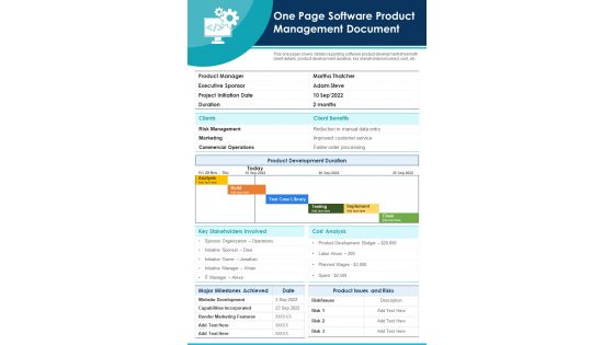 One Page Software Product Management Document PDF Document PPT Template