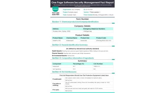 One Page Software Security Management Fact Report PDF Document PPT Template