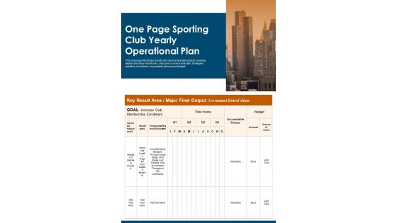 One Page Sporting Club Yearly Operational Plan PDF Document PPT Template