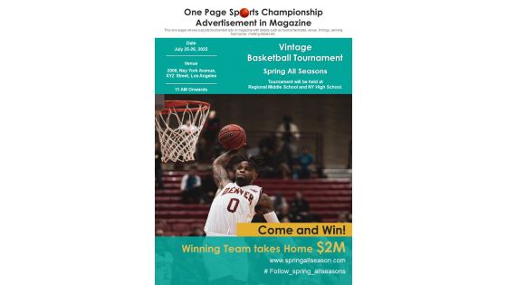 One Page Sports Championship Advertisement In Magazine PDF Document PPT Template