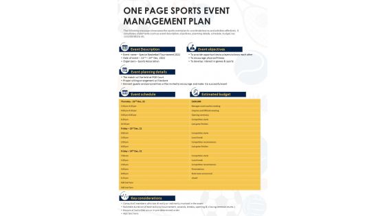 One Page Sports Event Management Plan PDF Document PPT Template