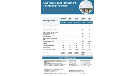 One Page Sports Tournament Sponsorship Package PDF Document PPT Template