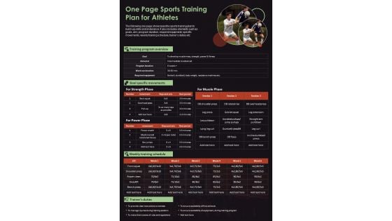 One Page Sports Training Plan For Athletes PDF Document PPT Template