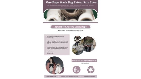 One Page Stack Bag Patent Sale Sheet PDF Document PPT Template