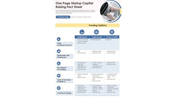One Page Startup Capital Raising Fact Sheet PDF Document PPT Template