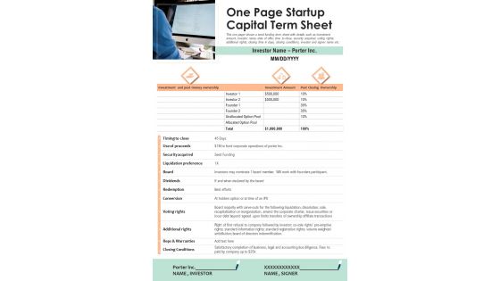 One Page Startup Capital Term Sheet PDF Document PPT Template