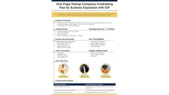 One Page Startup Company Fundraising Plan For Business Expansion With USP PDF Document PPT Template