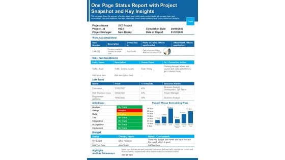 One Page Status Report With Project Snapshot And Key Insights PDF Document PPT Template