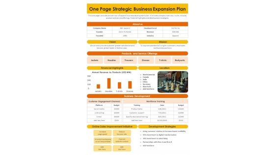 One Page Strategic Business Expansion Plan PDF Document PPT Template