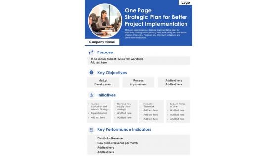 One Page Strategic Plan For Better Project Implementation PDF Document PPT Template