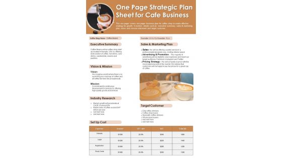 One Page Strategic Plan Sheet For Cafe Business PDF Document PPT Template