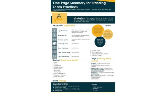 One Page Summary For Branding Team Practices PDF Document PPT Template