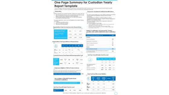 One Page Summary For Custodian Yearly Report Template One Pager Documents