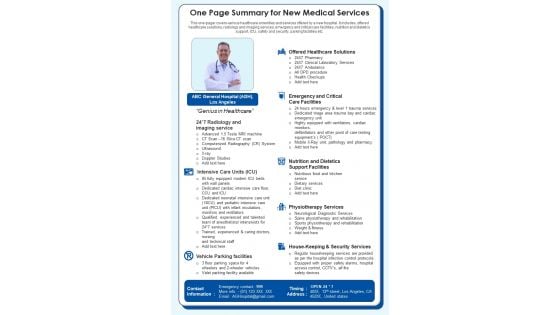 One Page Summary For New Medical Services PDF Document PPT Template