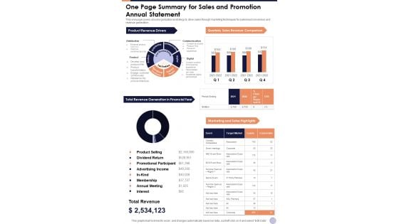 One Page Summary For Sales And Promotion Annual Statement One Pager Documents