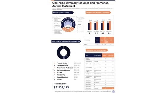 One Page Summary For Sales And Promotion Annual Statement One Pager Documents One Page Summary For Sales And Promotion Annual Statement One Pager Documents