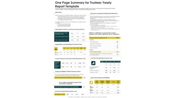 One Page Summary For Trustees Yearly Report Template One Pager Documents