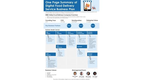 One Page Summary Of Digital Food Delivery Service Business Plan PDF Document PPT Template One Page Summary Of Digital Food Delivery Service Business Plan PDF Document PPT Template