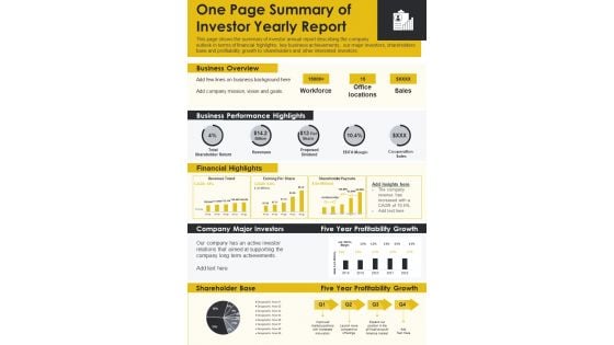 One Page Summary Of Investor Yearly Report PDF Document PPT Template