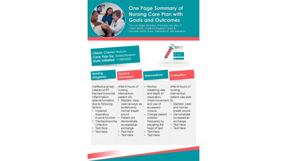 One Page Summary Of Nursing Care Plan With Goals And Outcomes PDF Document PPT Template