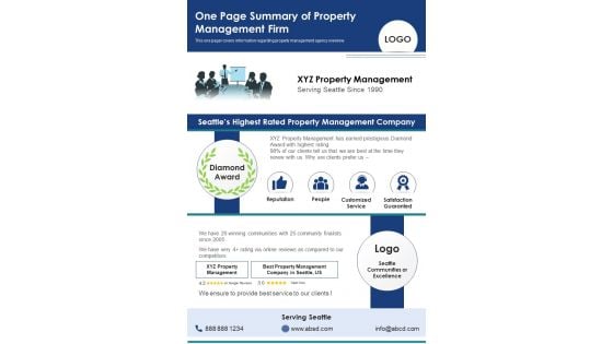 One Page Summary Of Property Management Firm PDF Document PPT Template