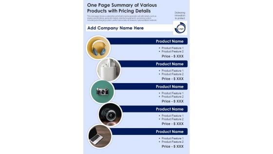 One Page Summary Of Various Products With Pricing Details PDF Document PPT Template One Page Summary Of Various Products With Pricing Details PDF Document PPT Template