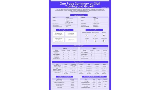 One Page Summary On Staff Training And Growth PDF Document PPT Template