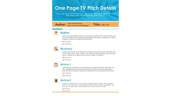 One Page TV Pitch Details PDF Document PPT Template One Page TV Pitch Details PDF Document PPT Template