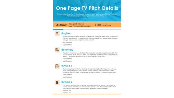 One Page TV Pitch Details PDF Document PPT Template