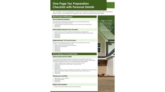 One Page Tax Preparation Checklist With Personal Details PDF Document PPT Template