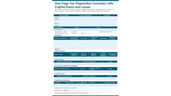 One Page Tax Preparation Summary With Capital Gains And Losses PDF Document PPT Template