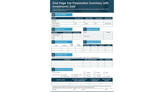 One Page Tax Preparation Summary With Investments Sold PDF Document PPT Template