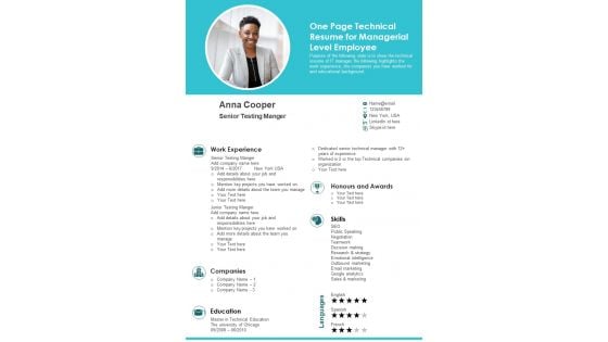 One Page Technical Resume For Managerial Level Employee PDF Document PPT Template